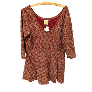 Hand Jive Wear‎ Art NWT Red Gold Metallic Knit V-Neck Peplum Top- Size L